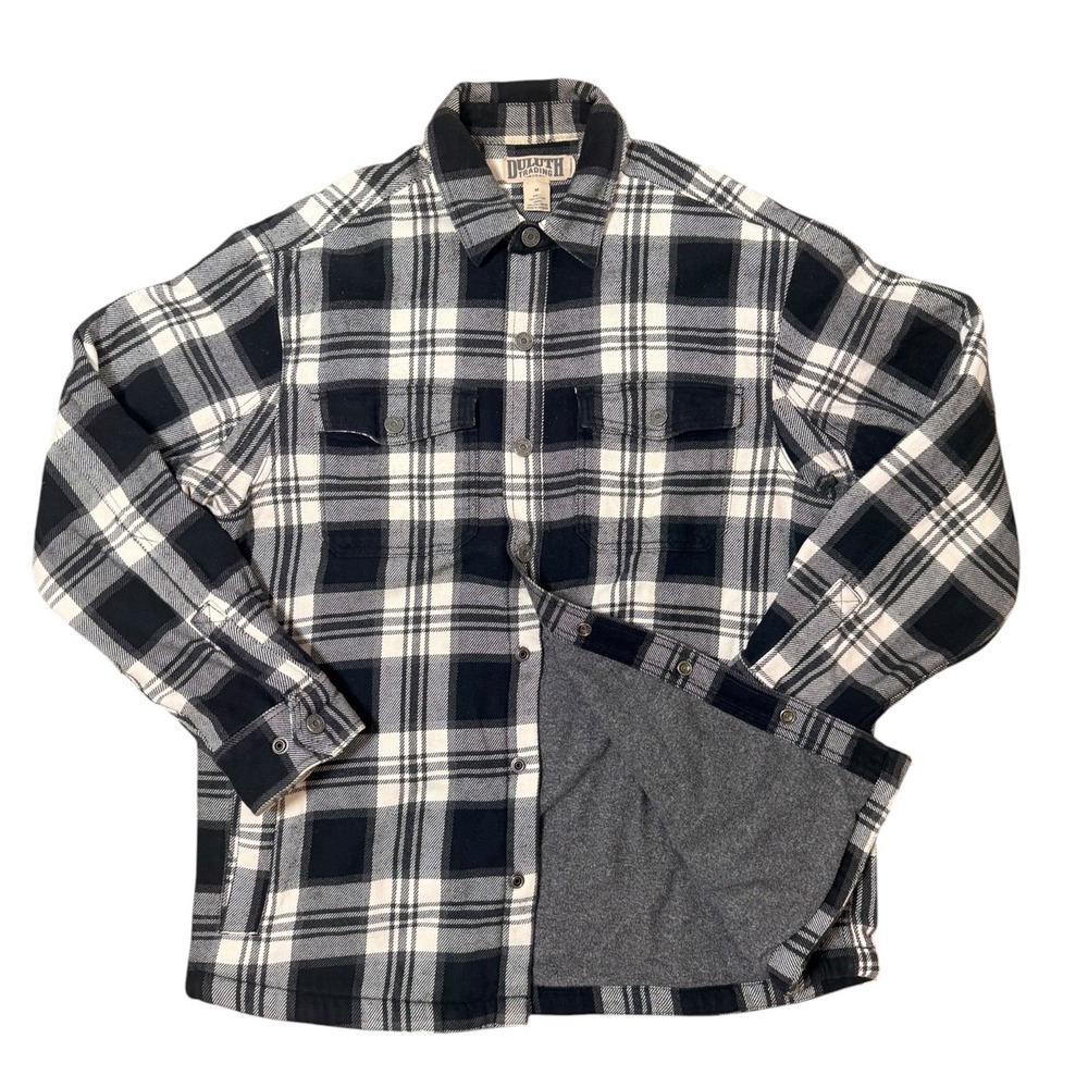 Duluth Trading Co Mens M Fleece Lined Flannel Shirt Jacket Plaid Black White